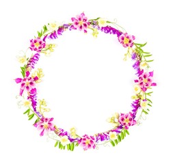 Fototapeta na wymiar round flower frame wreath of garden flowers isolated on white background, top view