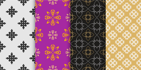 Vector seamless pattern.  Set of 4 templates. Seamless Background Wallpaper. Colors: purple, black, gold, white