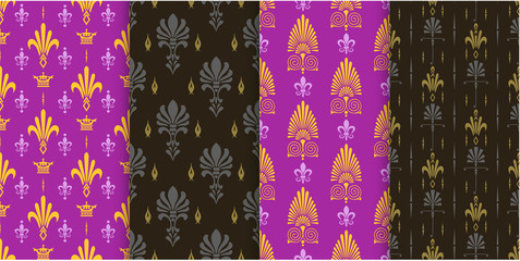 Vector seamless pattern. Set of background wallpaper in Asian style. Colors: black, purple, gold. Graphic templates for your design