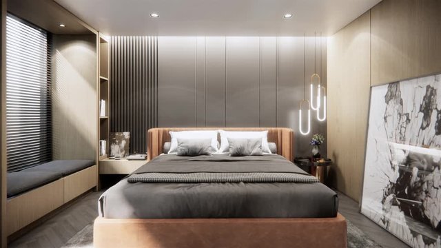 modern luxury bedroom interior, zoom in shot, video ultra HD 4K 3840x2160, 3D animation