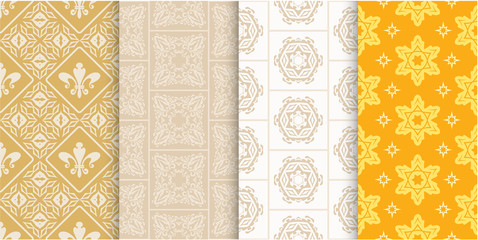 Vector seamless pattern. Set of background wallpapers in retro style. Colors: gold, beige, yellow. Graphic templates for your design.