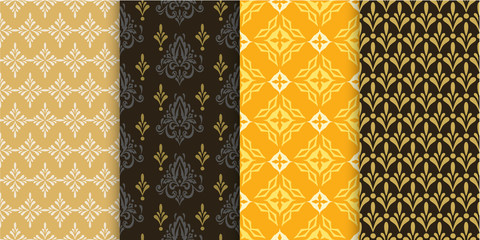 Vector seamless pattern - 4 images. Set of background wallpapers in retro style. Colors: black, gold, yellow. Graphic templates for your design.