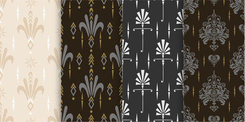 Vector seamless pattern. Set of background wallpaper in Chinese Japanese style. Colors: black, silver, beige. Graphic templates for your design.
