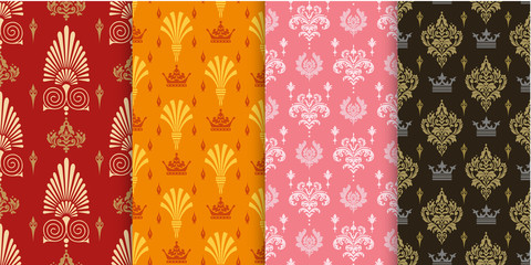 Vector seamless pattern. Set of background wallpaper in Chinese Japanese style. Colors: black, gold, pink, orange. Graphic templates for your design.