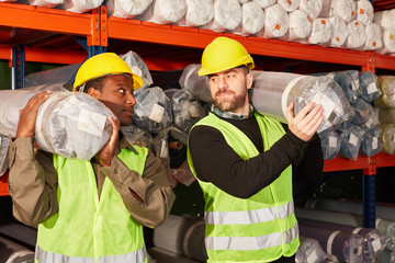 Warehouse workers wear carpets together