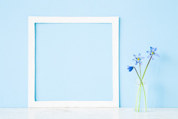 Fresh snowdrops or scilla in glass vase on table at light pastel blue wall. First messengers of spring. Empty place for inspirational, emotional, sentimental text, quote or sayings in white frame.