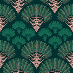 ..Ravenala madagascariensis seamless pattern.Vintage texture with fan foliage on a dark background. Hand drawn vector illustration with an exotic giant palm tree.