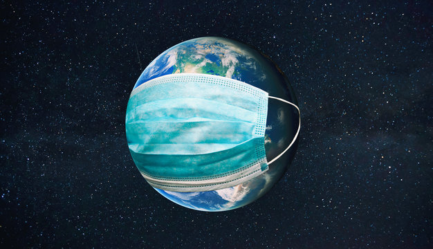 The planet earth is wearing a protective mask in the space. Concept of quarantine, protection from viruses and pandemic. Elements of this image furnished by NASA - Powered by Adobe