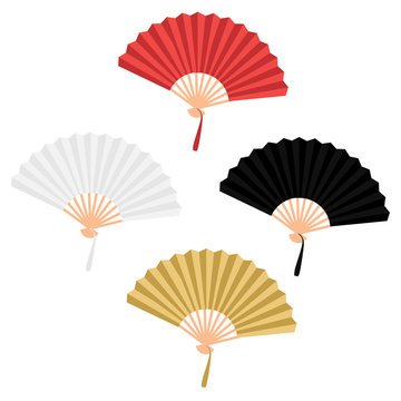 Set of four chinese folding hand fan vector isolated on white, red, white, black, golden