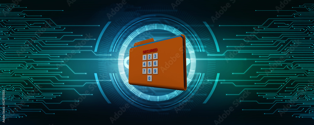 Poster yellow folder and lock. data security concept. 3d rendering