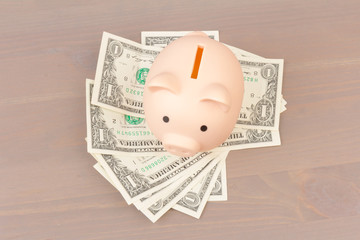 Piggy bank with dollar notes on wooden background, space for text. Finance, saving money