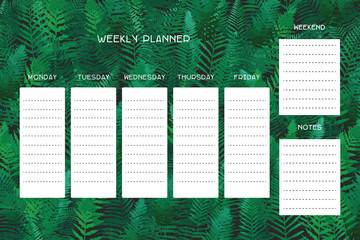 Weekly organizer with fern leaves, basis planner template universal
