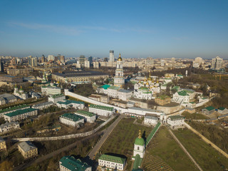 Fototapeta premium Aerial drone view. Kievo-Pechersk Lavra in sunny weather in early spring.