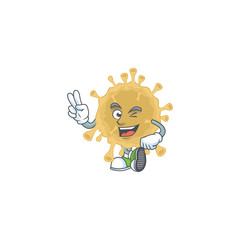 A joyful coronavirus particle mascot design showing his two fingers