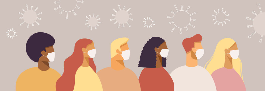 Novel coronavirus (2019-nCoV). People in white medical face masks. Concept of coronavirus quarantine. Coronavirus bacteria cell icon. Vector illustration in flat design