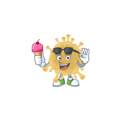 cartoon character of coronavirus particle enjoying an ice cream