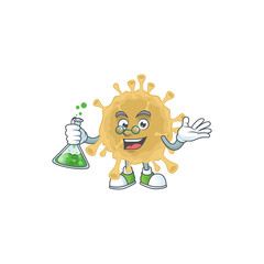 Coronavirus particle brainy Professor Cartoon design grasp a glass tube