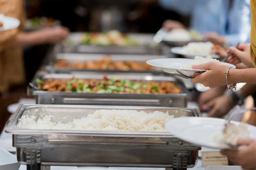 buffet food, catering food party at restaurant, mini canapes, snacks and appetizers