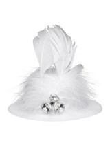 Subject shot of a white mini top hat with feathers and clear sparkling crystals. The fancy mini hat is isolated on the white background.  