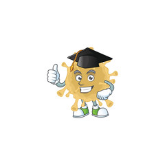Happy face of coronavirus particle in black graduation hat for the ceremony