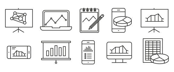 Analysis, Statistics line icons. Chart, Report and Service signs. Data and Presentation symbols.