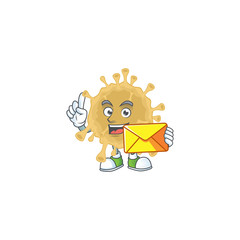 Cute face coronavirus particle mascot design holding an envelope