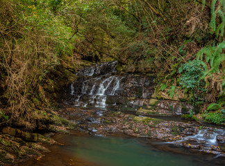 Naklejka na ściany i meble waterfall small cover with green forest long exposure flat angle image