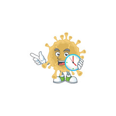 cartoon character style of cheerful coronavirus particle with clock