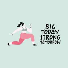 Fototapeta na wymiar Big today strong tomorrow. Fitness illustration of a strong woman working out with dumbbells.