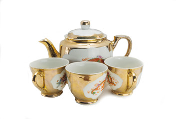 chinese teapot and cups isolated on white background