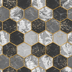 Marble hexagon seamless texture with gold. Abstract background