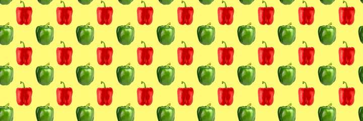 Seamless food pattern. Red and green sweet bell peppers on a yellow background. Organic vegetable, healthy ingredient.