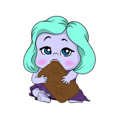  An alien baby with turquoise hair and lilac skin eats a huge cookie hugging him with both hands.