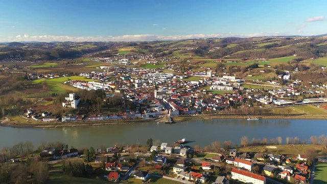 Aerial 4k footage of two Danubs banks Wilhering and Ottensheim