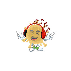 cartoon mascot design of coronavirus particle enjoying music