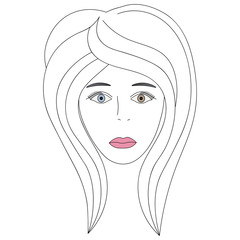 Vector illustration of a girl's face with heterochromia. One eye is blue, the other is brown. Full face. Haircut for medium hair-cascade. Her plump lips were painted pink. 