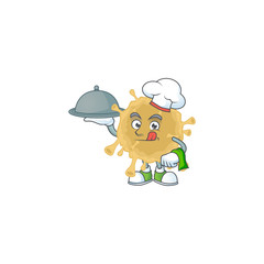 chef cartoon character of coronavirus particle with food on tray