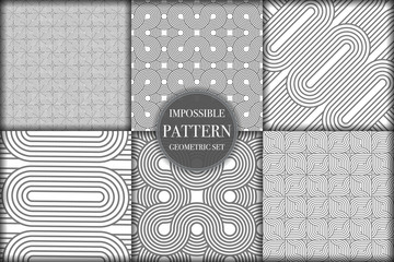 Set of 6 geometric impossible seamless pattern background. Abstract circle and line texture vector illustration for wallpaper, cover, banner, fabric print ,design template ornament, backdrop