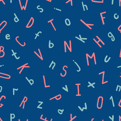 Seamless pattern of uppercase and lowercase letters of the Latin alphabet on a dark turquoise background. Pink and blue hand-drawn and traced symbols are randomly scattered on the background.