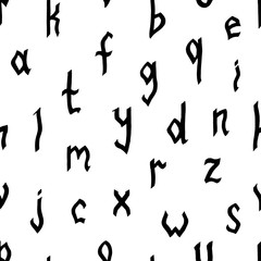 Seamless pattern of lowercase hand drawn letters in the Gothic style. Lettering trace. Black equal sized letters on a white background. Can be used for packaging, scrapbooking, banner. Vector