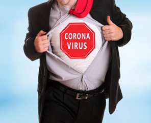 Young angry businessman tearing his shirt corona virus alert on it                         