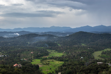 Misty mountains range with amazing sky