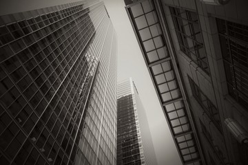 View of skyscraper in black and white. Downtown Toronto in Ontario. Canada