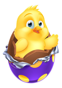A chick little baby chicken bird cartoon character breaking out of a chocolate Easter egg