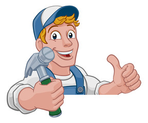 A handyman carpenter or builder cartoon man holding a hammer. Construction maintenance worker or DIY character mascot. Giving a thumbs up and peeking over a sign