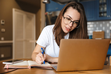 Image of serious nice woman working with laptop and writing