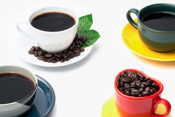 black coffee in the coffee cup on white background, still life colorful group of the coffee mug