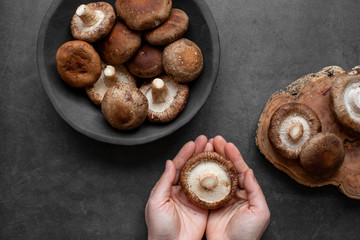 Fresh Raw Shiitake mushrooms on a dark background
