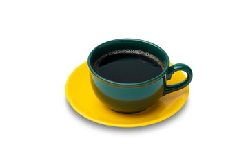 hot black coffee in coffee cup isolated on white background dark green mug above bright yellow saucer