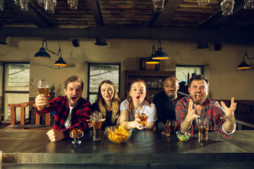 Sport fans cheering at bar, pub and drinking beer while championship, competition is going. Multiethnic group of friends excited watching translation. Human emotions, expression, supporting concept.